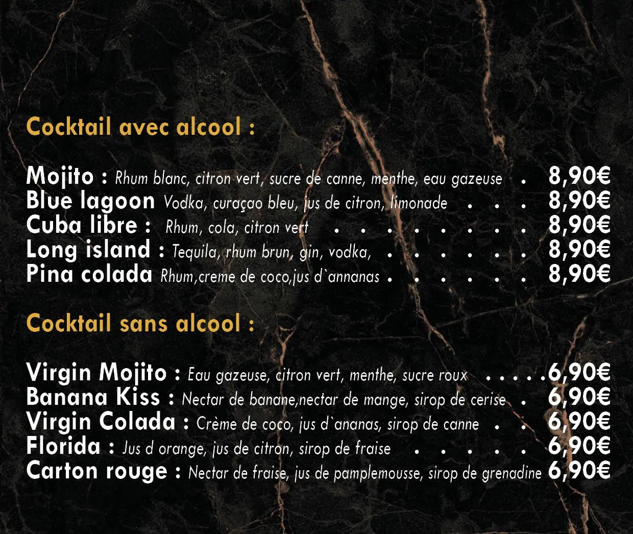 Carte cocktails